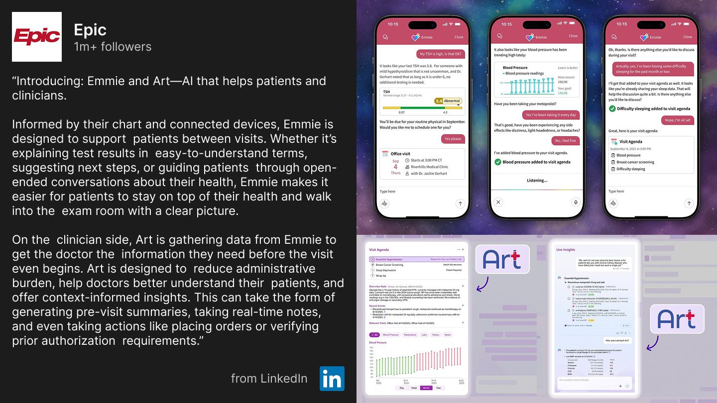 Epic LinkedIn post announcing Art and Emmie AI assistants